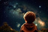 Kid looking into the deep night sky dreaming about the upcoming future and want to explore the galaxy space, idea for prayer or hope concept, Generative AI