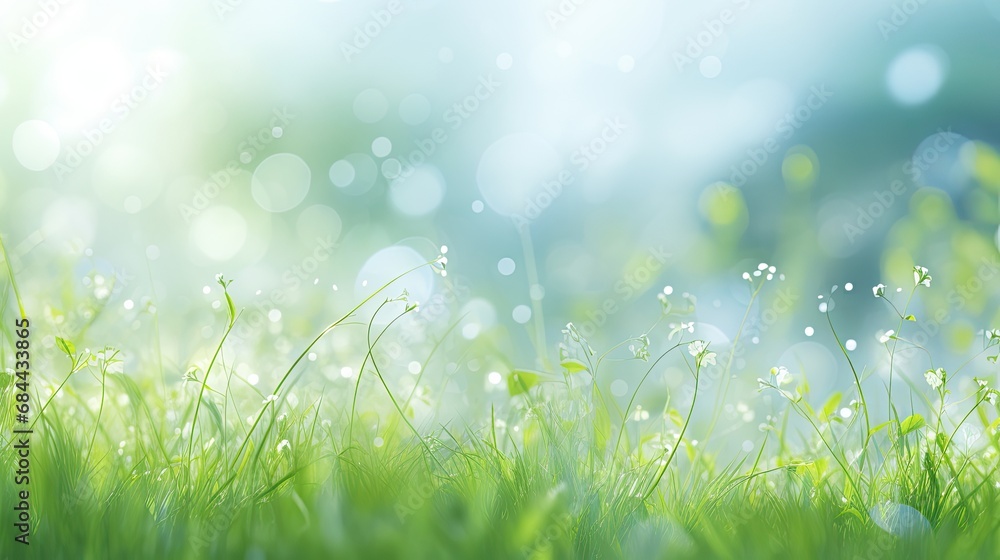 In the abstract design of the summer sky, nature unveils its splendor: the Easter grass glistens with light, leaves dance in the sun, showcasing the beauty of the garden's green hues, creating a