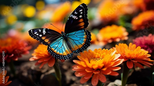 A butterfly pollinating vibrant, blooming flowers 