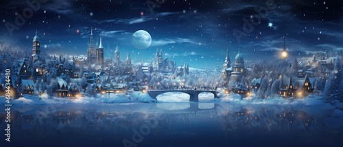 Enchanted winter landscape with snow-covered town and full moon. Holiday season background.