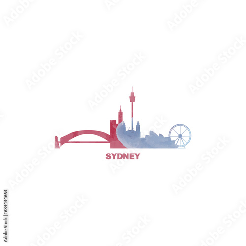 Sydney watercolor cityscape skyline city panorama vector flat modern logo, icon. Australia megapolis emblem concept with landmarks and building silhouettes. Isolated graphic