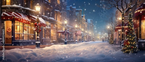 Quaint winter street adorned with Christmas decorations. Seasonal holiday atmosphere.