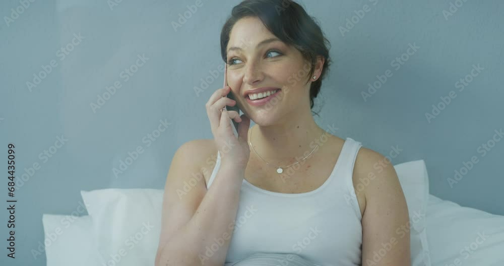 Happy woman, phone call and lying in bed for morning conversation, laughing or funny joke in relax at home. Female person smile, chilling or talking on mobile smartphone for fun discussion in bedroom Happy woman, phone call and lying in bed for morning conversation, laughing or funny joke in relax at home. Female person smile, chilling or talking on mobile smartphone for fun discussion in bedroom