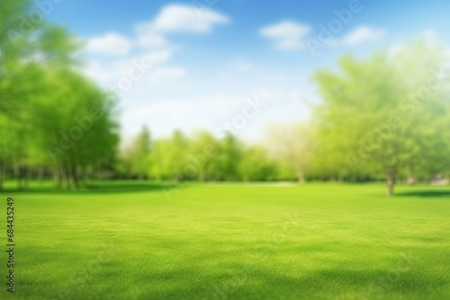Spring summer background with a green field and flower agains the blue sky, Generative AI