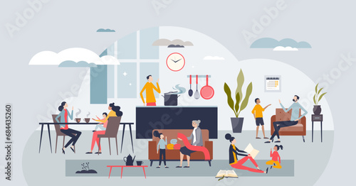 Community care as communication and social help type tiny person concept. Support elderly in their homes for wellness and humanitarian work vector illustration. Support group for being together.