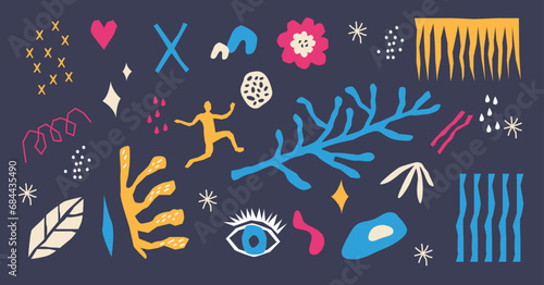 Abstract shapes and hand drawn nature art objects on dark background vector illustration. Isolated items with different colors and simple line design. Minimal ornaments painting in floral theme.