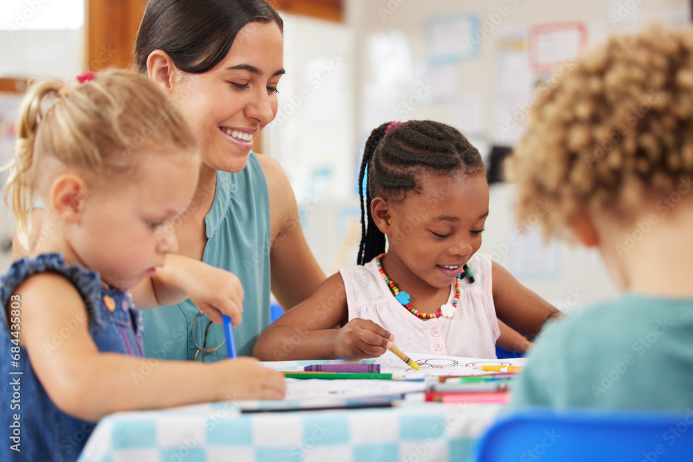 Happy, teacher and woman with education, students and ideas with kindergarten, lessons or teaching. Person, educator or children writing, knowledge or kids in a classroom with help, smile or learning Happy, teacher and woman with education, students and ideas with kindergarten, lessons or teaching. Person, educator or children writing, knowledge or kids in a classroom with help, smile or learning