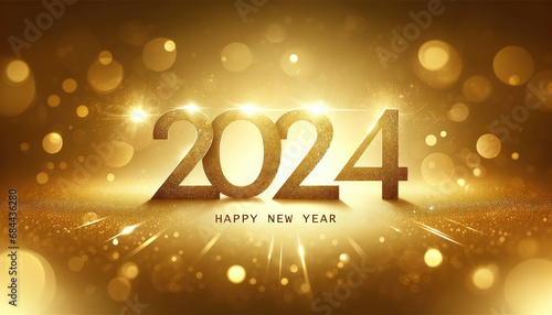 Happy New Year 2024. Gold background with golden balls and stars.