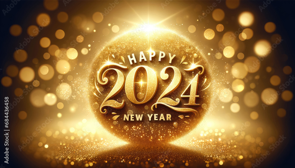 Happy New Year 2024. Gold background with golden balls and stars. Happy New Year 2024. Gold background with golden balls and stars.