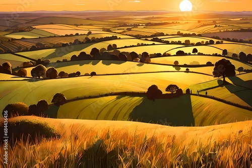 A digital illustration showcasing the panoramic view from Burton Dassett Hills, overlooking the charming Warwickshire landscape