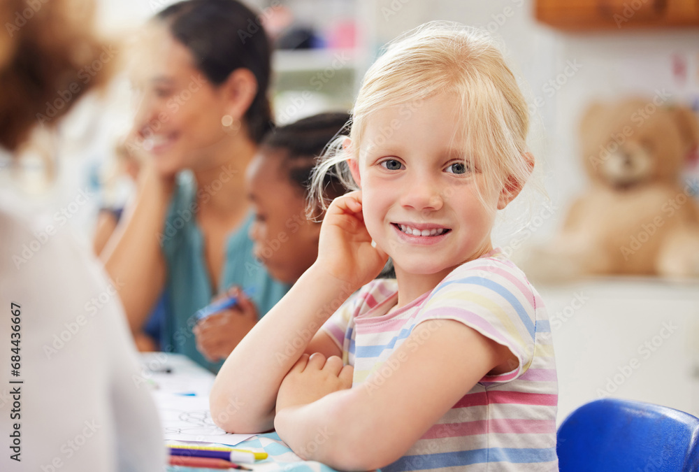 Portrait, happy kid or little girl with for learning in kindergarten, daycare or classroom with friends. Youth, looking and smile for growth, future or milestone with education in child development Portrait, happy kid or little girl with for learning in kindergarten, daycare or classroom with friends. Youth, looking and smile for growth, future or milestone with education in child development