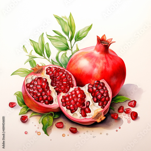 pomegranate with leaves, watercolor illustration