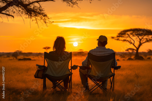 Couple sitting on camp chairs on a safari, with impala in the distance and golden sunset in the background