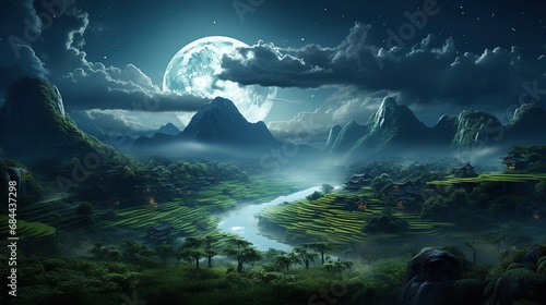 luminous rice fields under the moon, digital art illustration, Generative AI