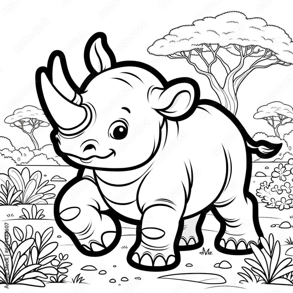 Fototapeta premium Coloring page for kids featuring a playful Black Rhino in a savanna setting.
