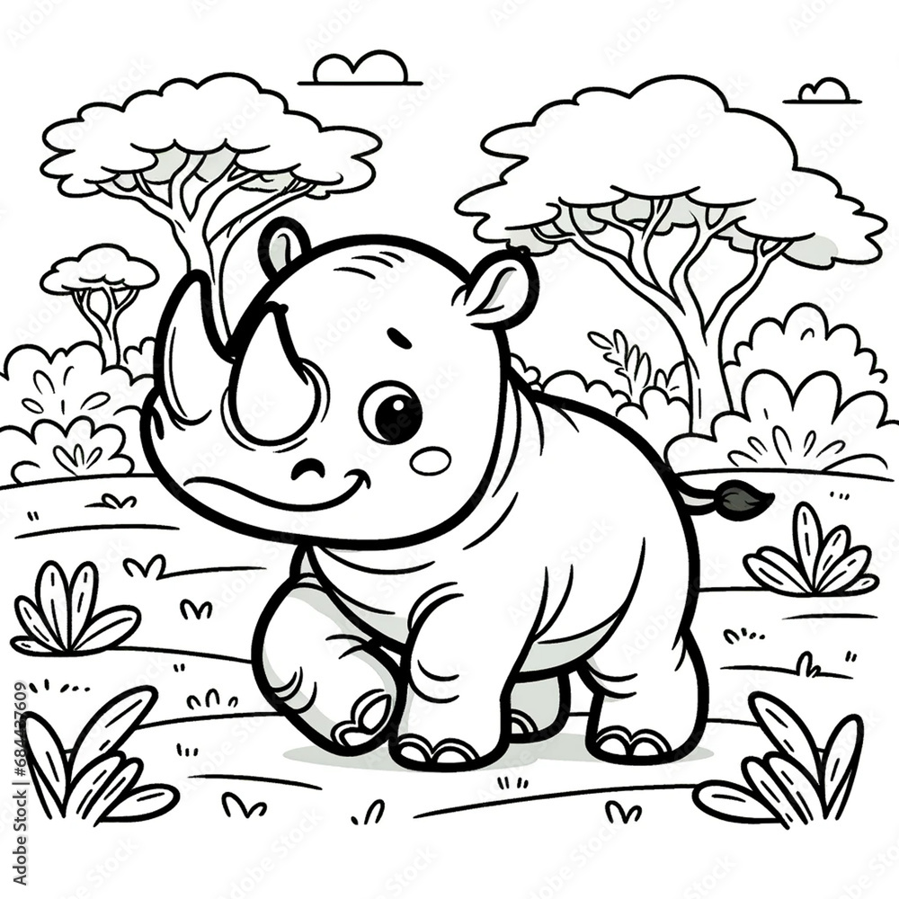 Fototapeta premium Coloring page for kids featuring a playful Black Rhino in a savanna setting.