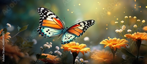 In the colorful stage of summer, amidst the vibrant spring blooms, a white butterfly gracefully flutters its black-lined wings, its orange dots adorning its face while bringing life to the natural