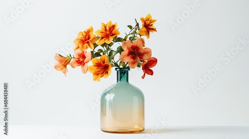 A round glass bottle sits on a table With Flowers © paisorn