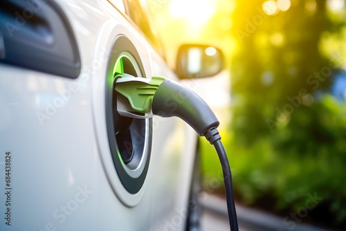Close-up of electric car charging, ecologic transportation concept, zero emission vehicle