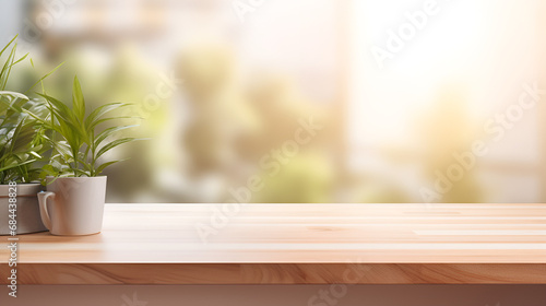 Whispers of Simplicity: Exploring an Empty Minimal Wooden Table Counter Podium Set Against a Stone White Wall for Product Showcase generative AI  photo