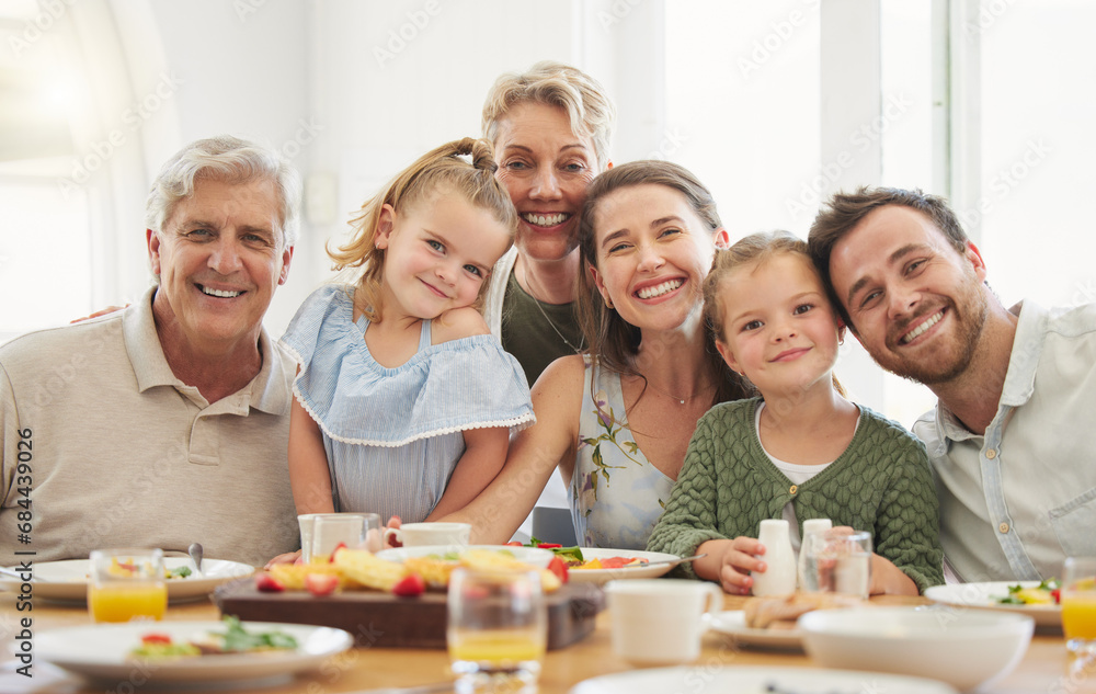 Breakfast, family and portrait with parents, kid and happy grandparent together in a home. Love, support and care on a dining room with a smile and food with bonding in the morning with fruit Breakfast, family and portrait with parents, kid and happy grandparent together in a home. Love, support and care on a dining room with a smile and food with bonding in the morning with fruit