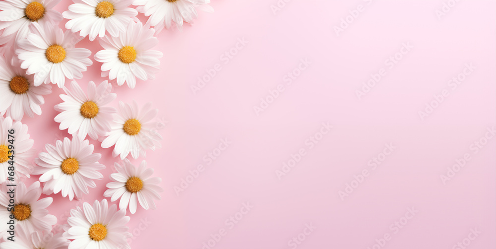 White chamomile daisy flowers on a pale pink background with copy space, Floral background, Generative AI