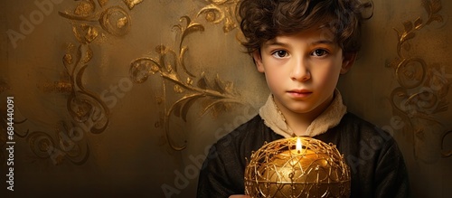 In the heart of JerCountrylem, a boy with a deep sense of spirituality admired the vintage gold ornament, intertwined with a religious design, symbolizing the rich culture and holy belief of Judaism photo