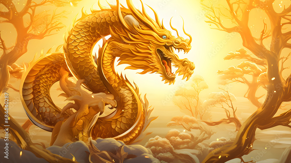Fototapeta premium golden dragon on blackdragon, china, animal, asia, tattoo, ancient, illustration, culture, gold, decoration, vector, art, 