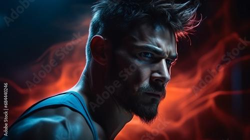 Advertising sports photography. Close-up Portrait of athletic Caucasian man with dramatic lighting and vivid colors.