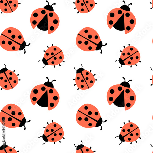Seamless hand drawn pattern with ladybug vector illustration on white. Cute simple flat design of black and red ladybug.