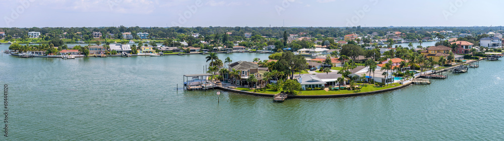 Seaside Florida - A panoramic overview of a seaside community on a sunny Summer day. Harbor Bluffs, Florida, USA.