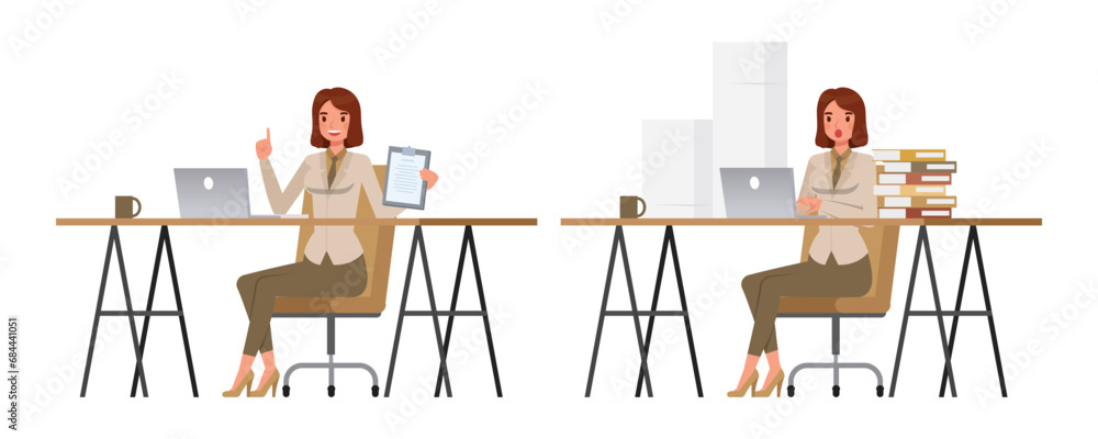 Set of working woman wear brown suit character vector design. Presentation in various action. Businesswoman working in office planning, thinking and economic analysis on isolated white background.