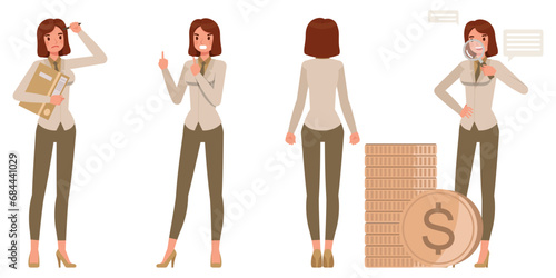 Set of working woman wear brown suit character vector design. Presentation in various action. Businesswoman working in office planning, thinking and economic analysis on isolated white background.