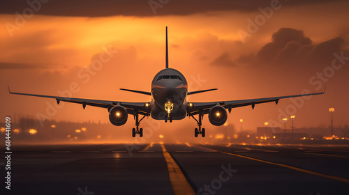 Planes landing during dusk in sunset in an airport