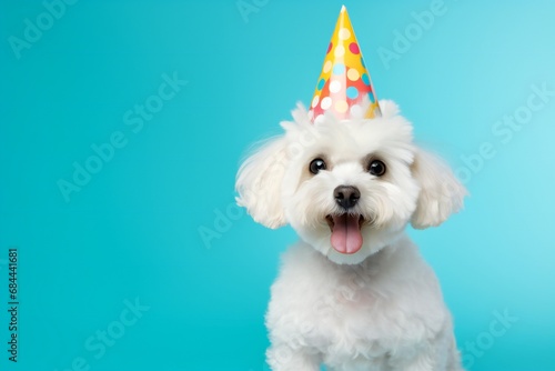 Happy Birthday party. Funny maltipoo dog wearing birthday hat, sitting isolated on blue background, copy space, horizontal banner. Pet dog on Birthday day