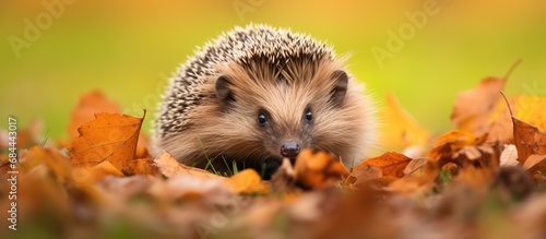 In the autumn garden  a cute baby hedgehog with green spikes on its hair peeks out from the grass  its face showcasing a young and adorable mammal ready to explore the wonders of nature and wildlife