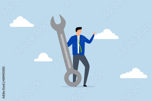 Fix business problem, businessman carrying large wrench metaphorically.
