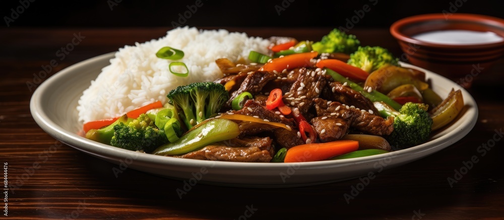 In the bustling Asian restaurant, a plate filled with healthy vegetables, white rice, and tender meat was cooked to perfection, a harmonious blend of Chinese and Japanese flavors, creating a In the bustling Asian restaurant, a plate filled with healthy vegetables, white rice, and tender meat was cooked to perfection, a harmonious blend of Chinese and Japanese flavors, creating a