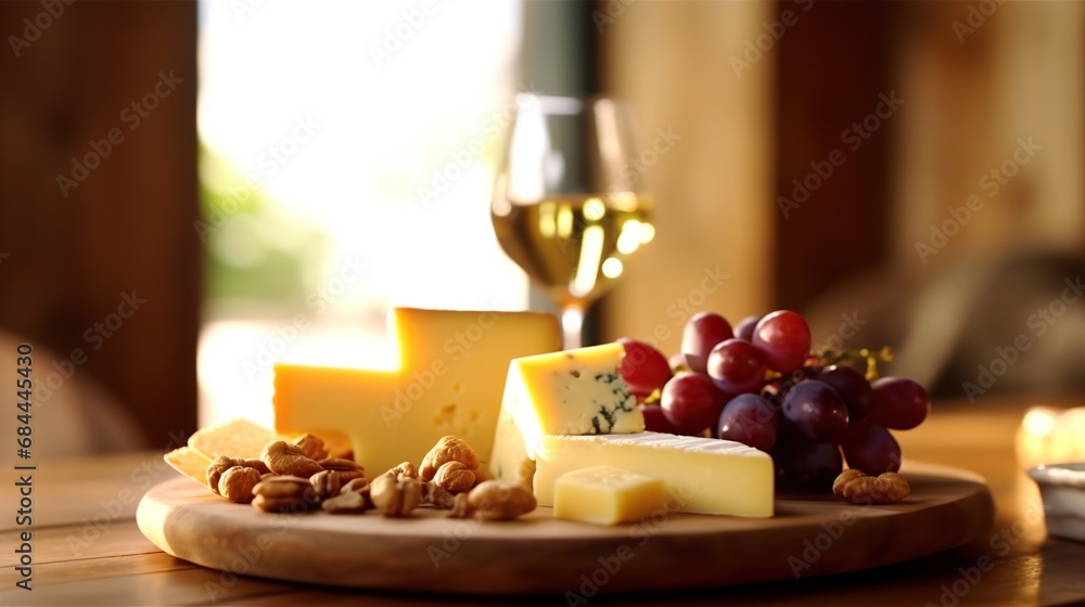 Cheese platter with grapes, nuts and red wine on wooden table