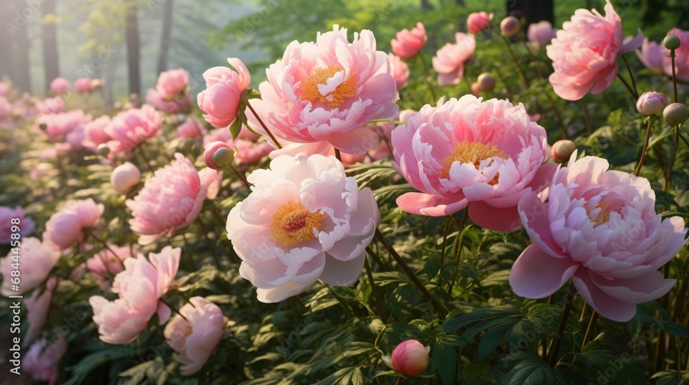 Fototapeta premium A picturesque scene of pink peony flowers in a garden, inviting you to use their natural beauty as a captivating background.
