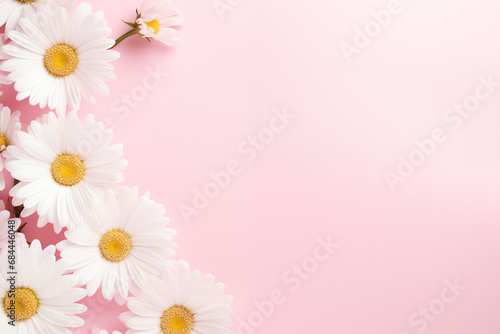 White chamomile daisy flowers on a pale pink background with copy space, Floral background, Generative AI