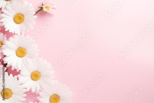 White chamomile daisy flowers on a pale pink background with copy space  Floral background  Generative AI