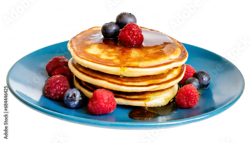 stack of pancakes with berries on plate isolated on white background