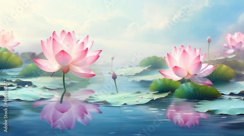 A picturesque scene of pink lotus flowers floating on a tranquil pond  providing a serene watercolor backdrop for your projects.