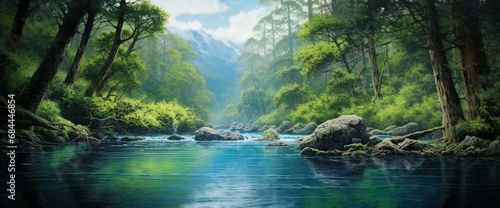 A scene of a tranquil blue river winding through a lush forest, reflecting the sky above. © Naseem