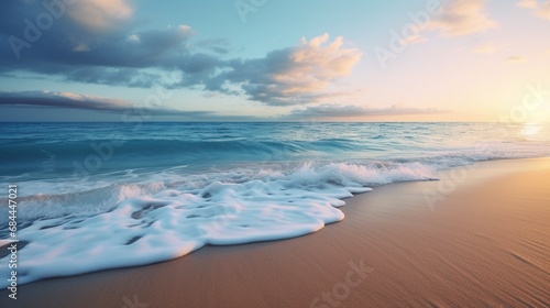 A scene of gentle blue waves crashing onto a sandy beach under a soft blue sky at dawn.