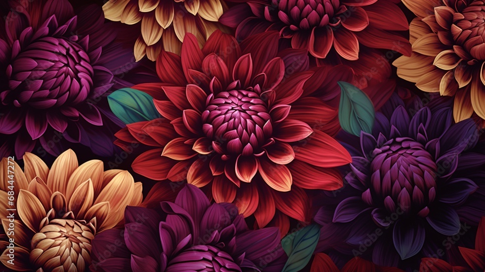 A seamless pattern adorned with hand-drawn dahlia petals in rich jewel tones, creating a luxurious and opulent floral design.