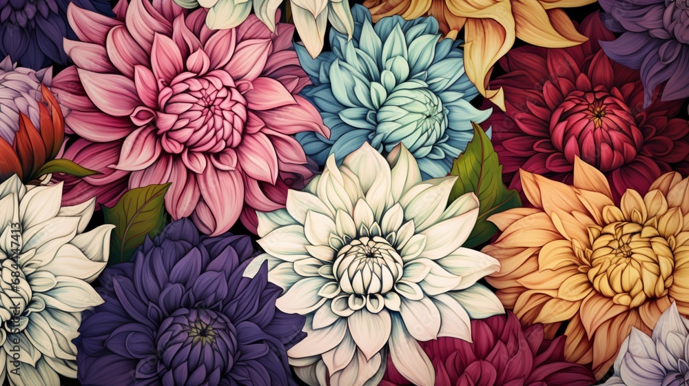 A seamless pattern featuring a variety of hand-drawn dahlia blooms, showcasing the intricate artistry of these stunning flowers. A seamless pattern featuring a variety of hand-drawn dahlia blooms, showcasing the intricate artistry of these stunning flowers.