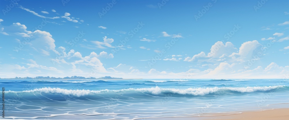 A serene ocean scene with varying shades of blue, gentle waves lapping at the shore under a clear sky. A serene ocean scene with varying shades of blue, gentle waves lapping at the shore under a clear sky.