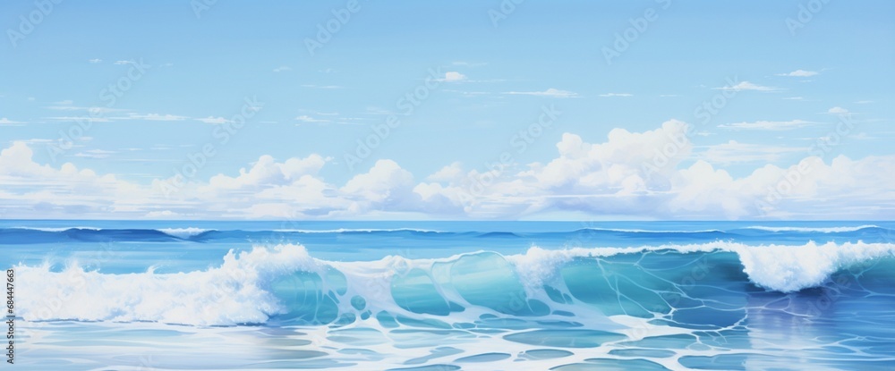 A serene ocean scene with varying shades of blue, gentle waves lapping at the shore under a clear sky.